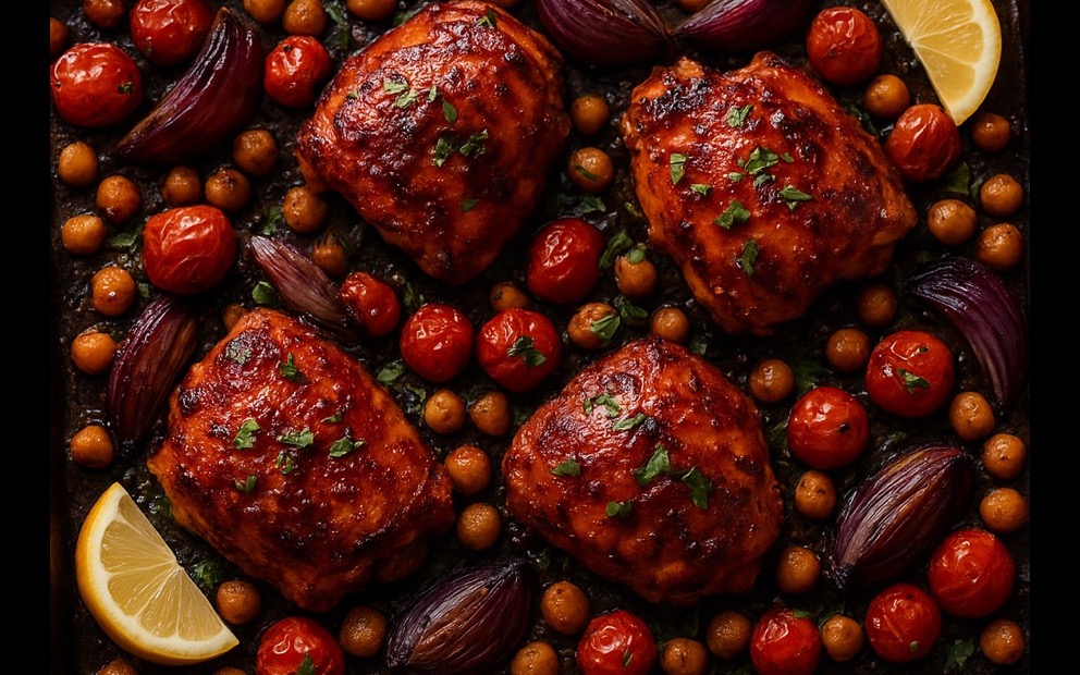 Sheet-pan harissa chicken with roasted red onion, cherry tomatoes and chickpeas